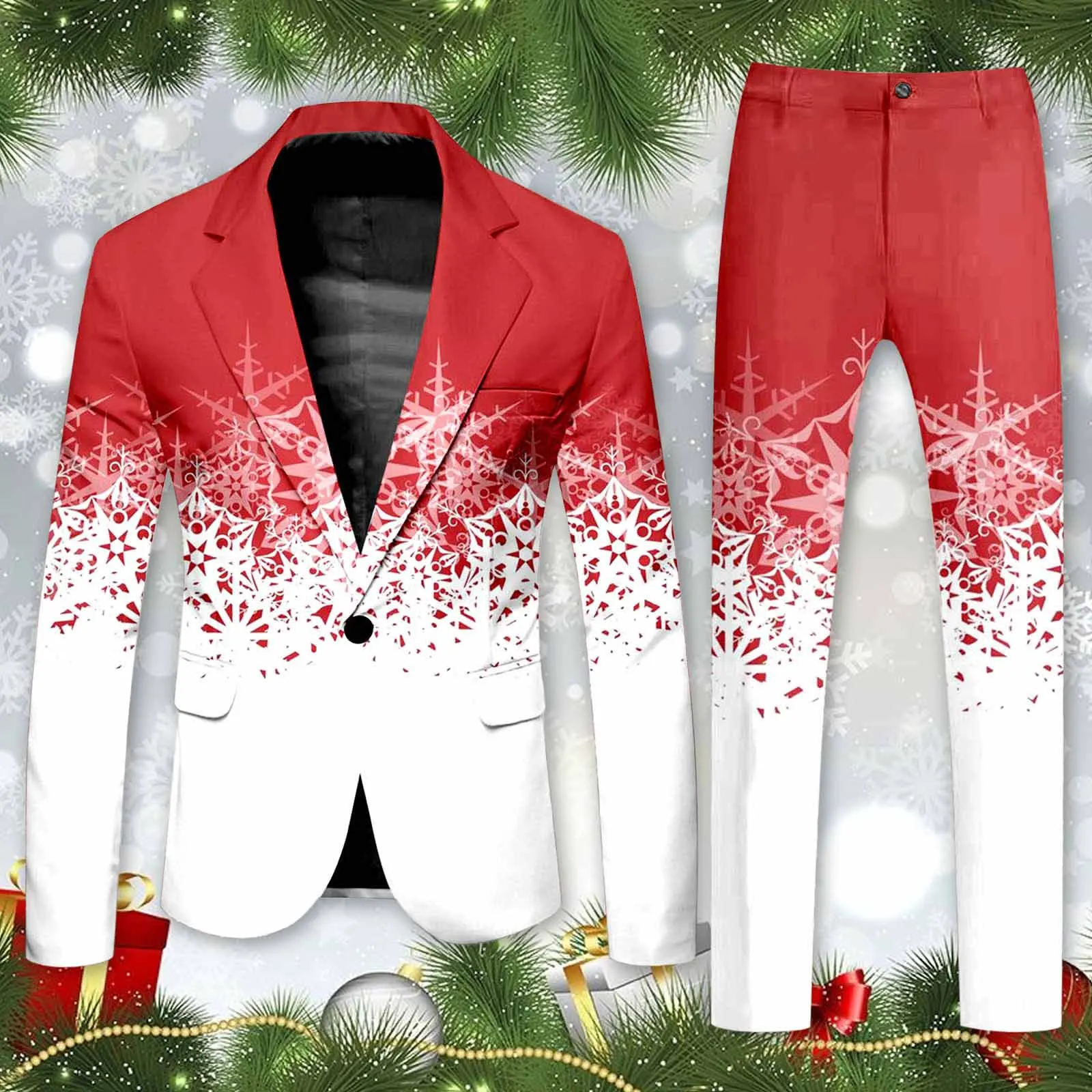 Blazer Men\'s Christmas 2 Piece Suit Set Snowflake Print Suit Jacket And Pants Set Slim Fit Xmas Party Wear Formal Suit For Men