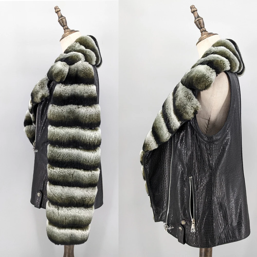 겨울용 리얼 렉스 토끼털 칼라와 소매가 있는 천연 양가죽 재킷 (탈부착 가능한 소매 포함) 250201