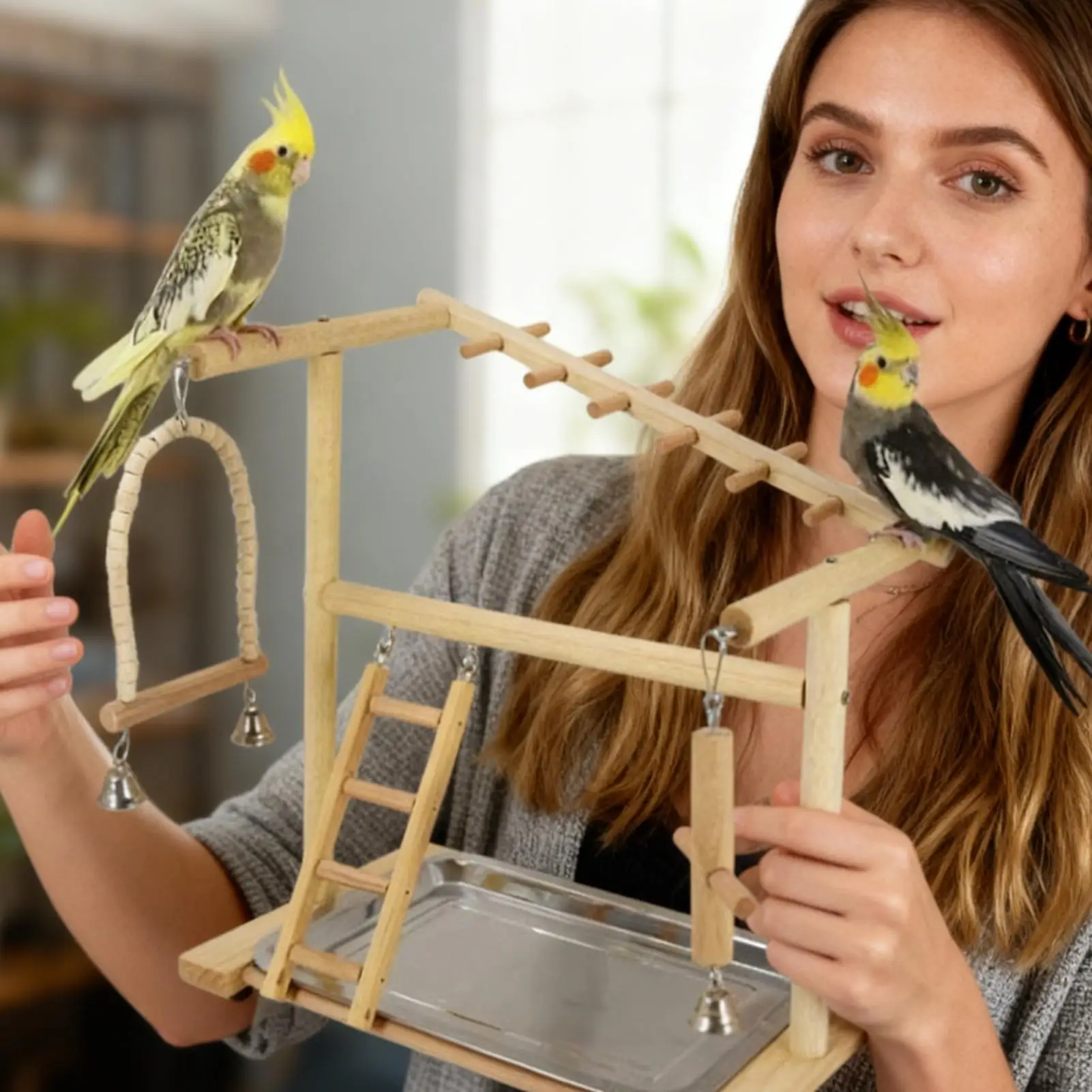 

Подставка для птичьего окуня, деревянные качели для восхождения, лестницы со съемным подносом из нержавеющей стали и чашкой, детская площадка для кореллы, окунь для стояния