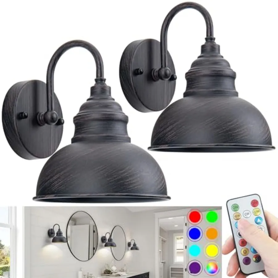 

Industrial Battery Operated Wall Sconces Set of Two Wall Light Fixture with Remote, Indoor Not Hardwired Wall Mount Lamp for Be