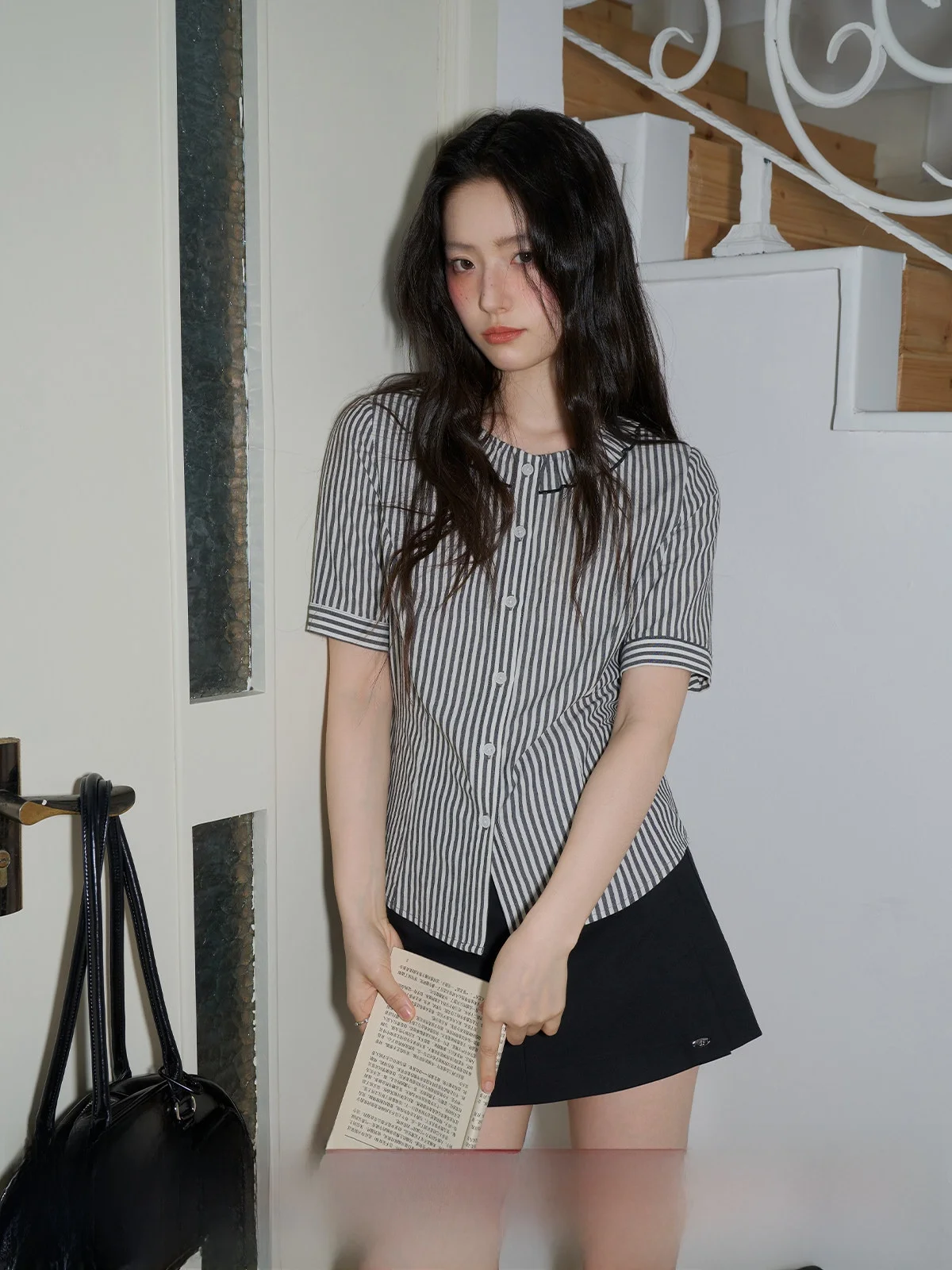 

Grey Striped Short Sleeve Shirt Women's Summer New Style Waist Cinching Slimming round Neck Tie Shoulder Commute Top