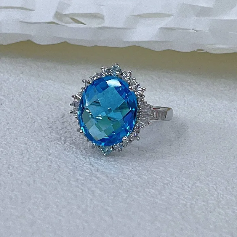 SACEGEMS 925Sterling Silver 10*12mm Natual Swiss Blue Topaz Luxury Rings for Women Created Wedding Engagement Party Fine Jewelry