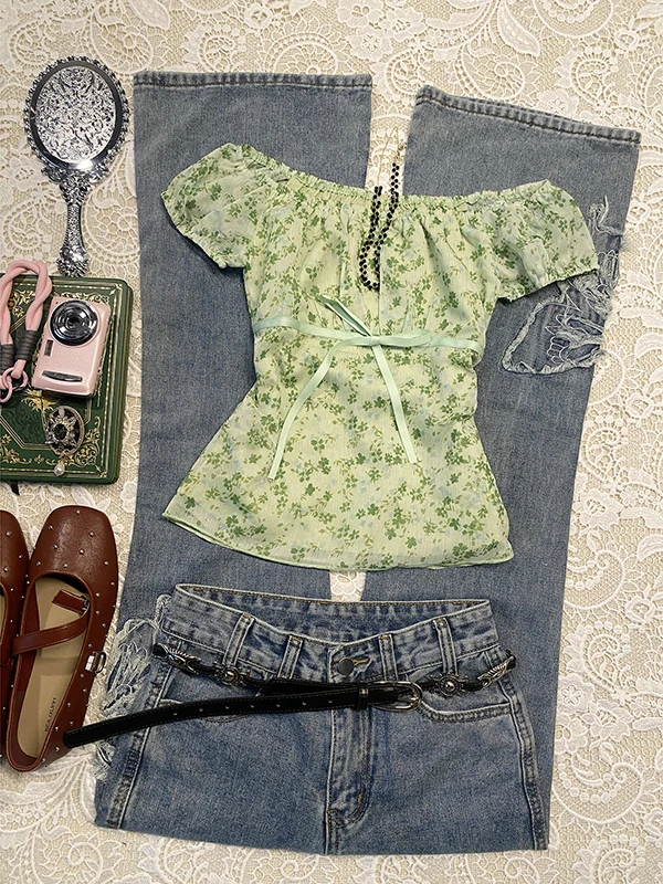 

Boya Girl Original een Fre, шифоновый топ с цветочным принтом на одно плечо, женский летний модный маленький корейский топ для поездок на работу и ветер