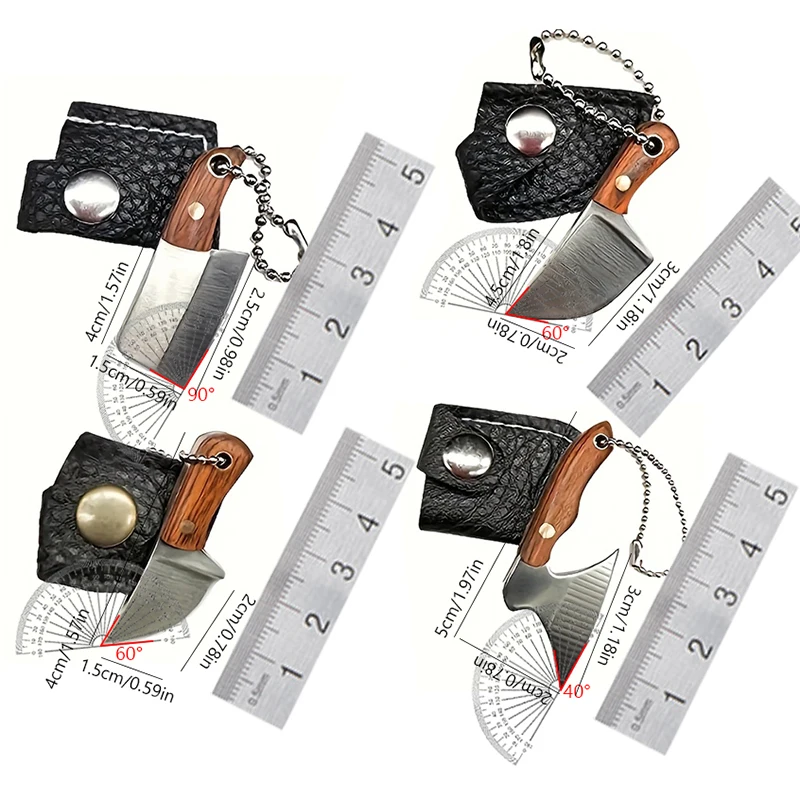 4Pcs/Set Stainless Steel Keychain Pocket Knife EDC Knife Key Ring Ornaments Mini Portable Utility Fixed Blade with Wood Handle