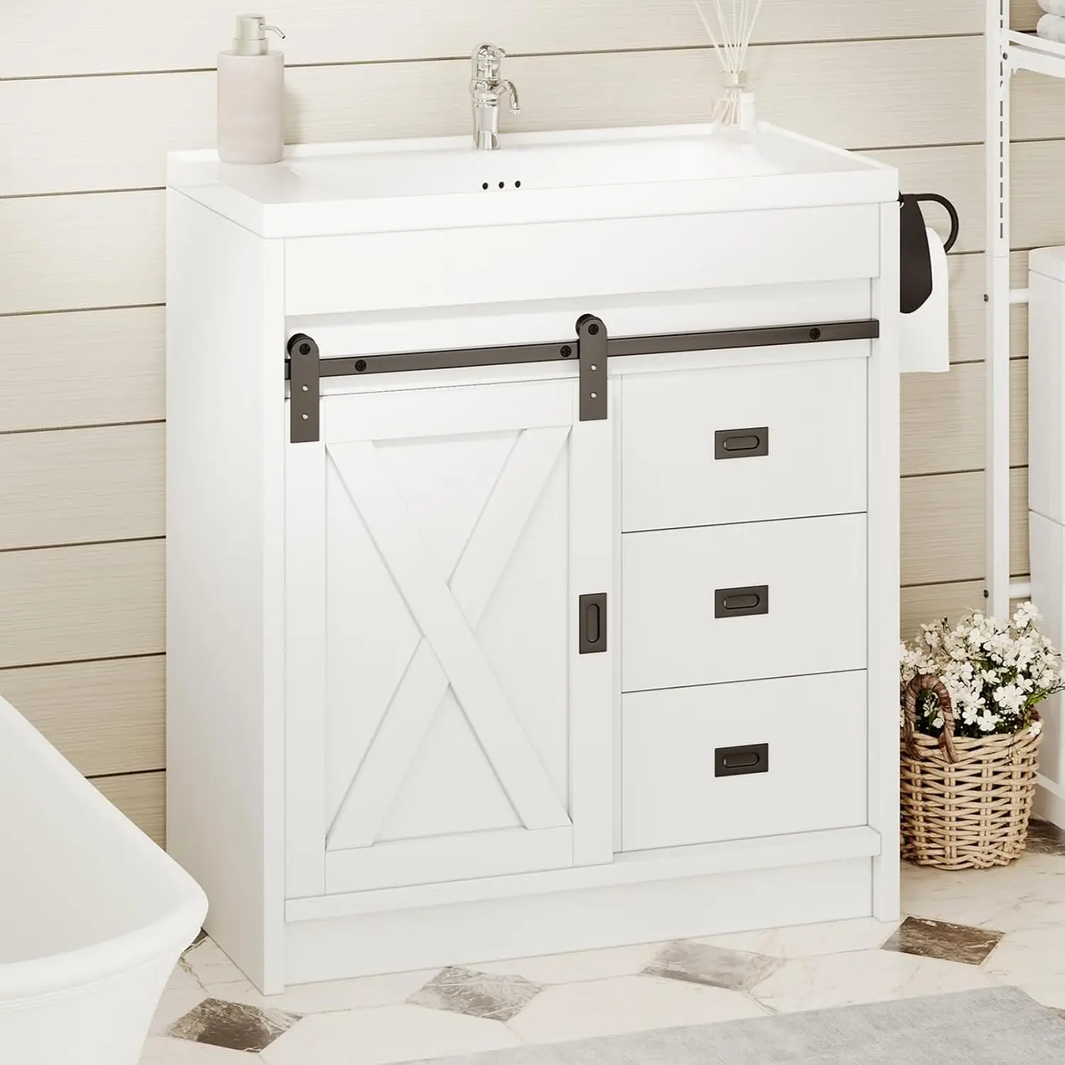30 Inch Bathroom Vanity with Sink, Farmhouse Bathroom Vanity with Ceramic Sink, Barn Door Bathroom Storage Cabinet, Customized