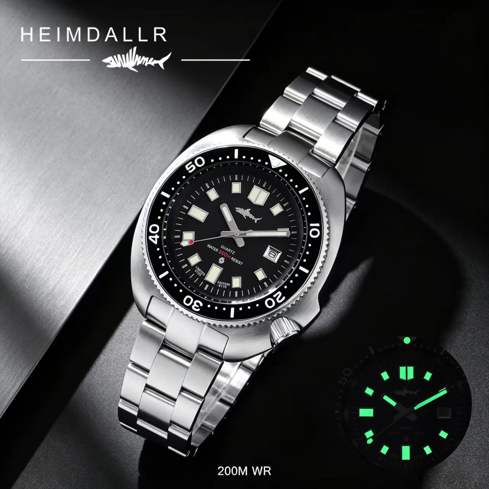 HEIMDALLR Men's Quartz Diver Watch 44mm 2115 200M 20ATM Waterproof Sapphire Crystal Ceramic Bezel C3 Super Lume 316L Steel Scuba