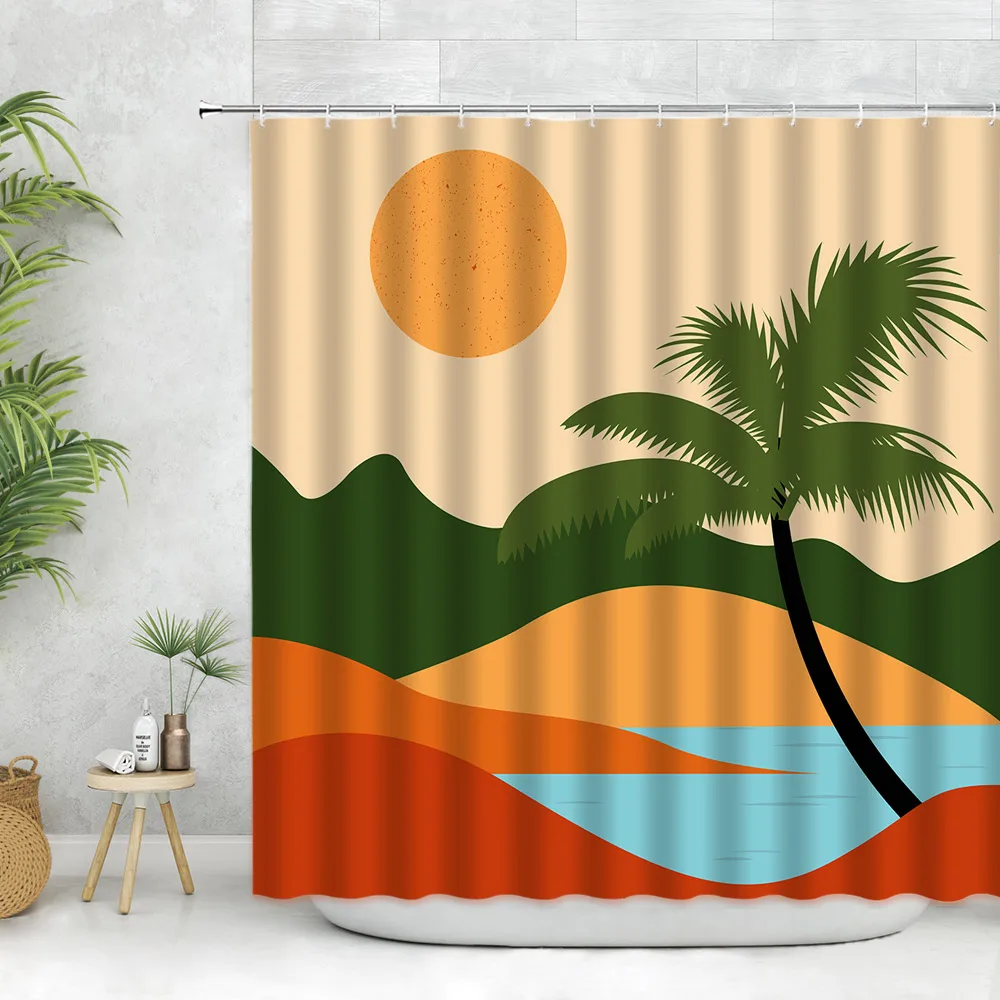 

Mid Century Leaves Abstract Shower Curtain Set Boho Geometric Line Landscape Home Decor Bathroom Curtain Washable Fabric Hooks