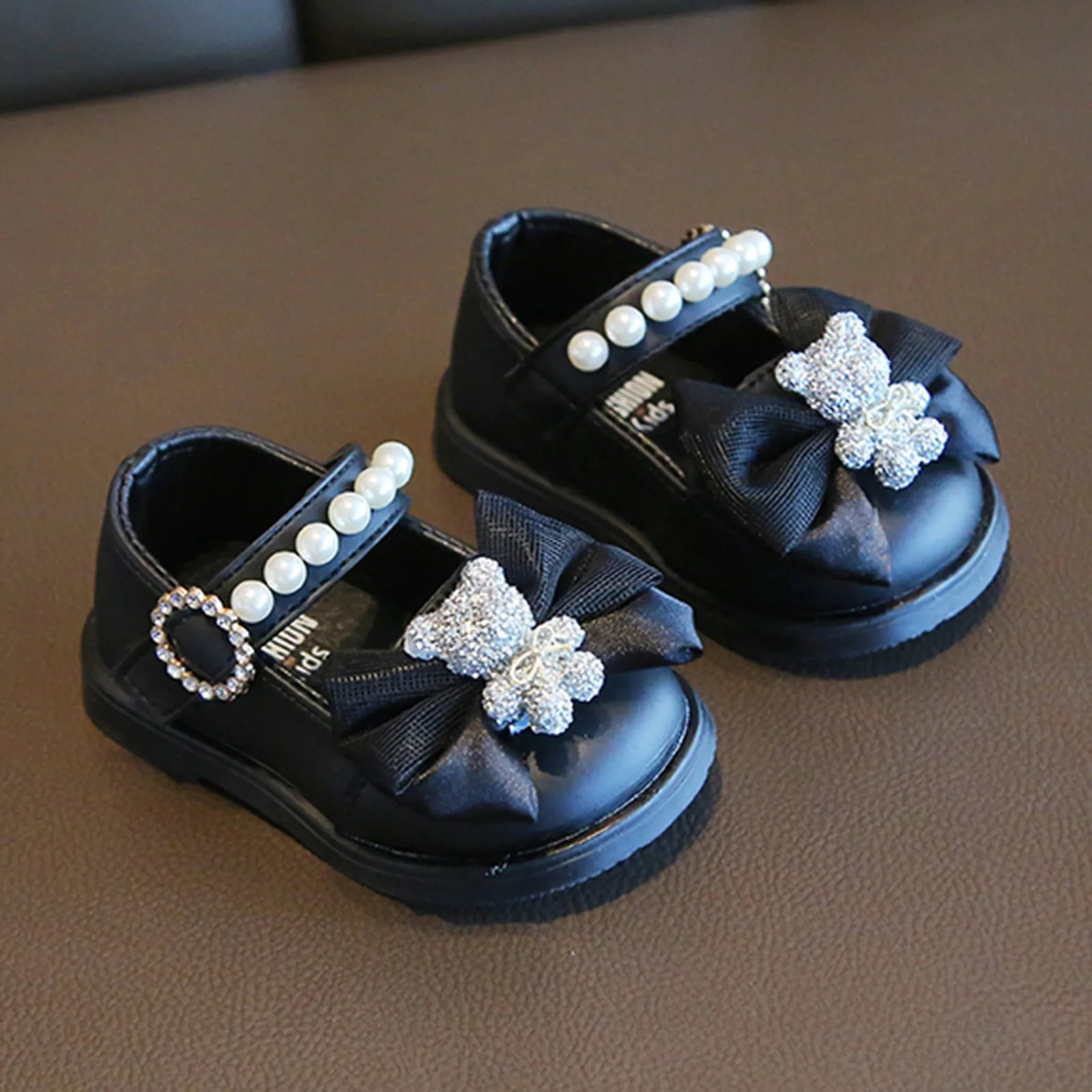 Cute Princess Shoesbow Pearl Teddy Bear Single Shoes For Girls Leather Shoes Girls Mary Jane Shoes For Baby Girls Walking Shoes