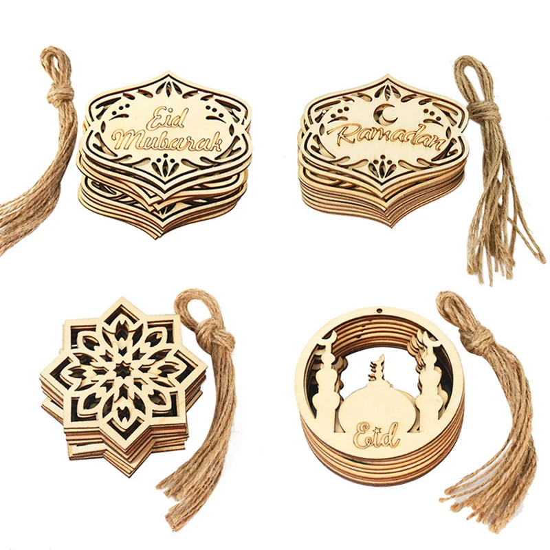 

10pcs Wooden Eid Mubarak Pendants Ramadan Ornament DIY Islamic Muslim Festival Party Decoration for Home Moon Eid Al-Fitr Decor