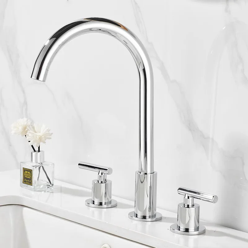 Gold Plated Basin Split Three Hole Faucet with Dual Control for Hot and Cold, Seated Basin Faucet Three Piece Set