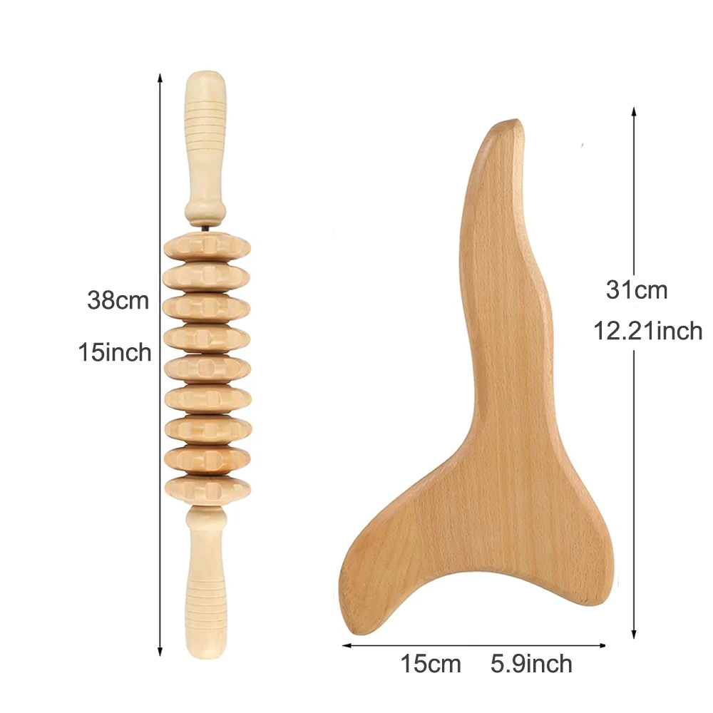 2Pcs/Set Wooden Roller Stick & Wooden Gua Sha Lymphatic Drainage Paddle Wood Therapy Massage Tools Anti Cellulite Muscle Relax