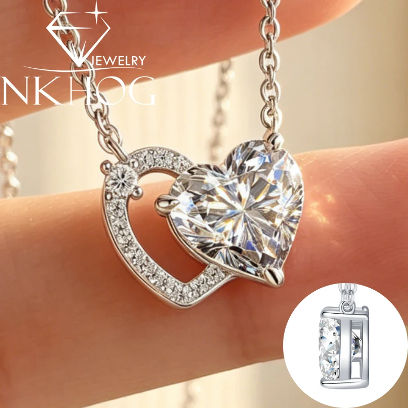 NKHOG 2CT 8mm Full Moissanite Necklace For Women Heart Shape 925 Sterling Silver Neck Chain Certificed Wedding Pendant Necklaces