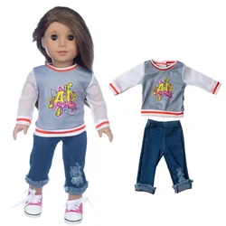 18 Inch Girls Doll Clothes Sleeve Shirt Ripped Jeans Pants Baby Doll Outwear Children Girl New Year Gifts