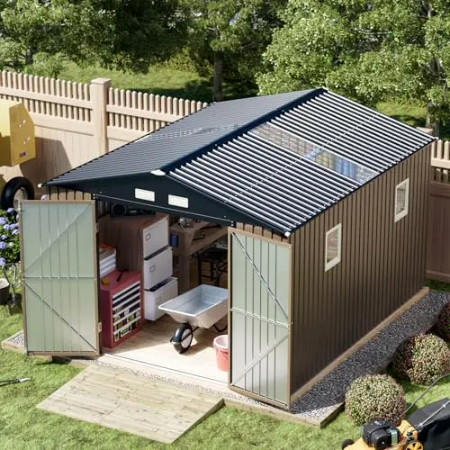 Outdoor Steel Storage Shed, 10 x 12 ft, Brown | Lockable doors, windows and skylight panels; ideal for storing garden