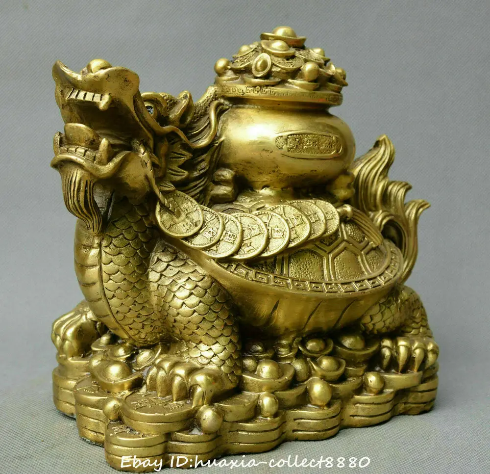 Chinese fengshui old bronze dragon turtle money fortunes treasure bowl statue