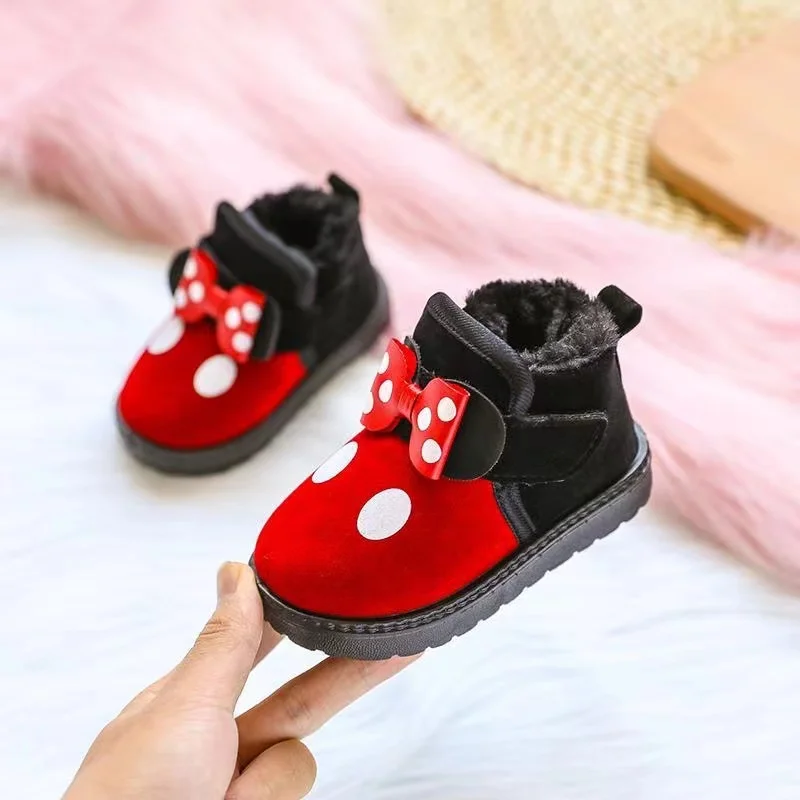 Kids Girls Cotton Snow Boots Casual Sport Shoes Soft Running Sneakers Winter Bow Dots Princess Children Toddler Shoes With Plush