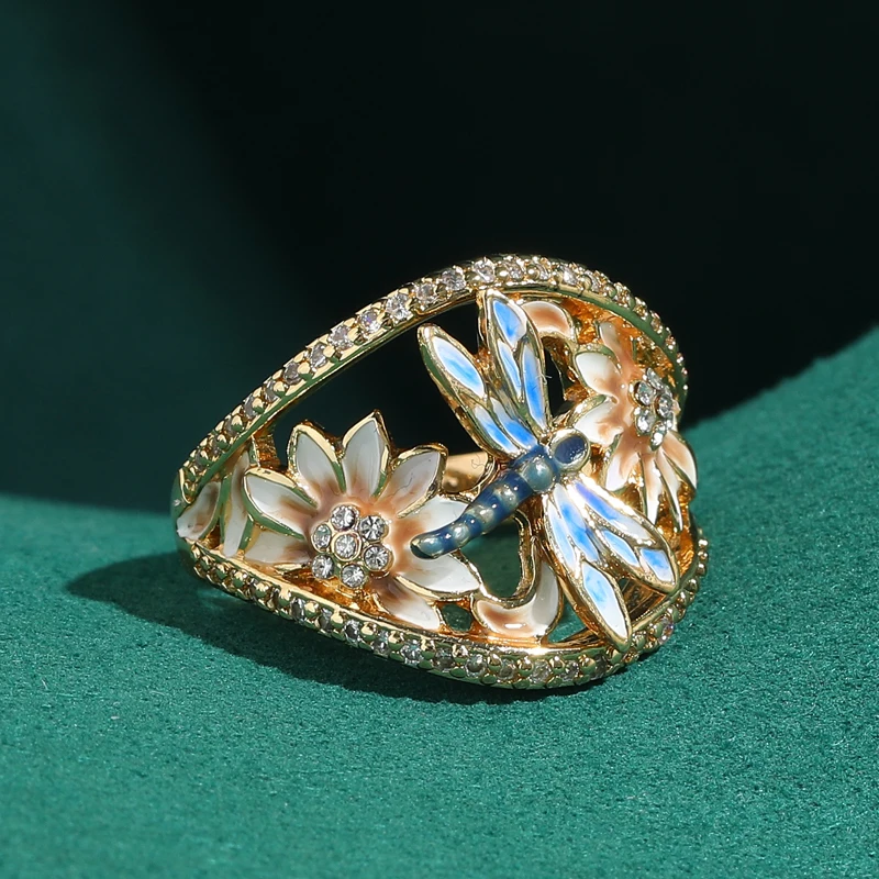 

Vintage Jewelry Antique Gold Plated Dragonfly Rings Natural Enamel Stone Designer Flower Luxury 2026 For Women Valentine Day New