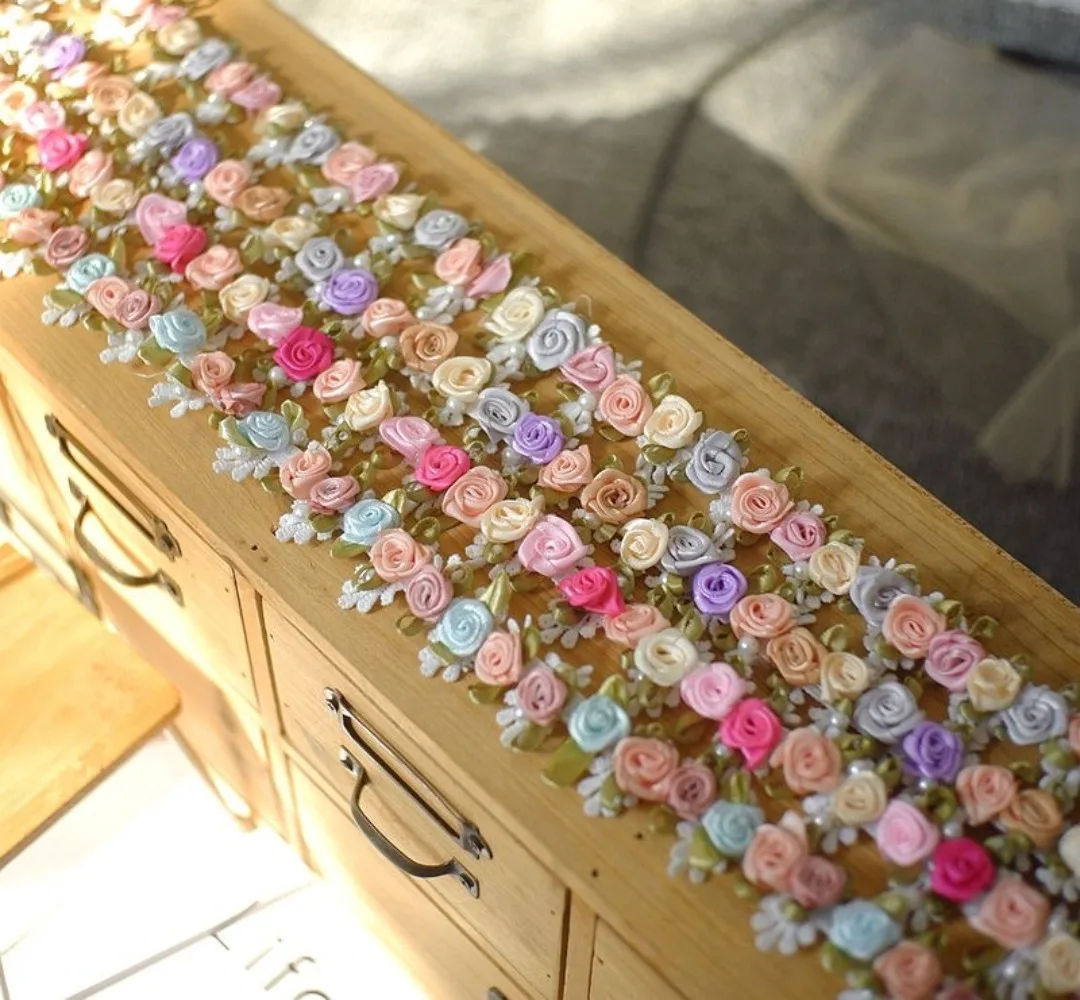 1Yard 2.5CM Wide Embroidery Rose Flower Beaded Lace Ribbon for Fringe Trim Braid Decor Crafts Applique Collar Sewing Materials