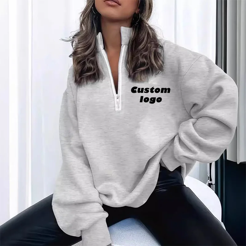 Custom LOGO Women\'s Stand Collar Pullover Simple Unprinted Zipper Sweatshirt Casual Loose Sportswear Hoodie Street Style Women