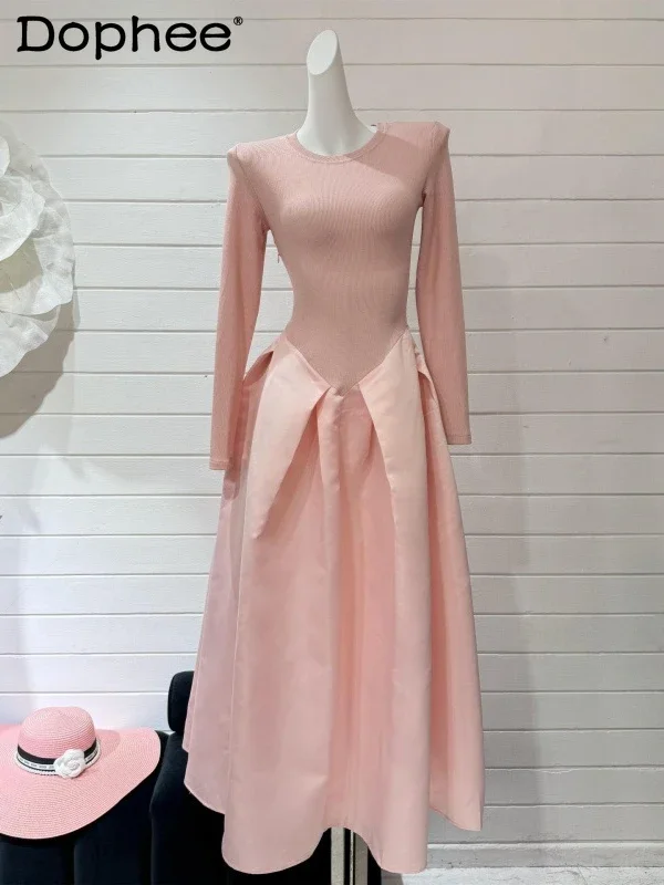 Autumn Elegant Round Neck High Waist A-shaped Dresses Sweet Pink Long Sleeve Dress Slim Fit Long Dress Women Dress 2024 New