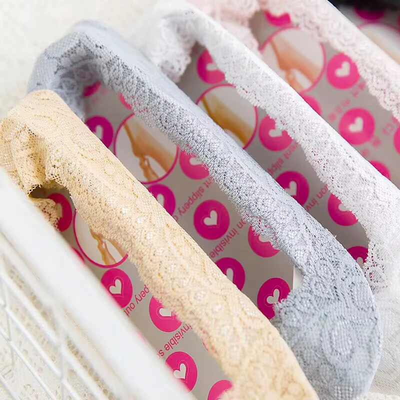 5 Pairs Women Sock Summer Solid Color Lace Shallow Mouth Silicone Anti-Shedding Sole Anti-Slip Casual Breathable Invisible Socks