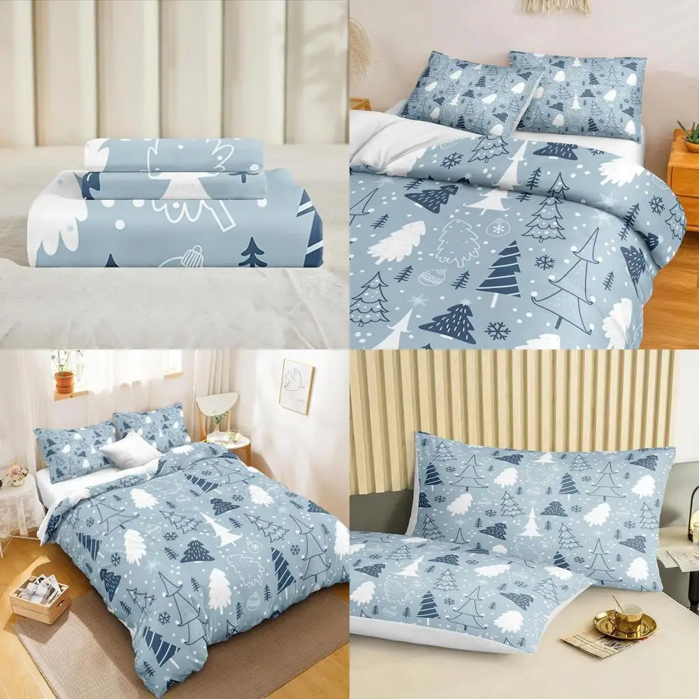 

King Size Blue Snowflake Christmas Bedding Set with Merry Holiday Theme