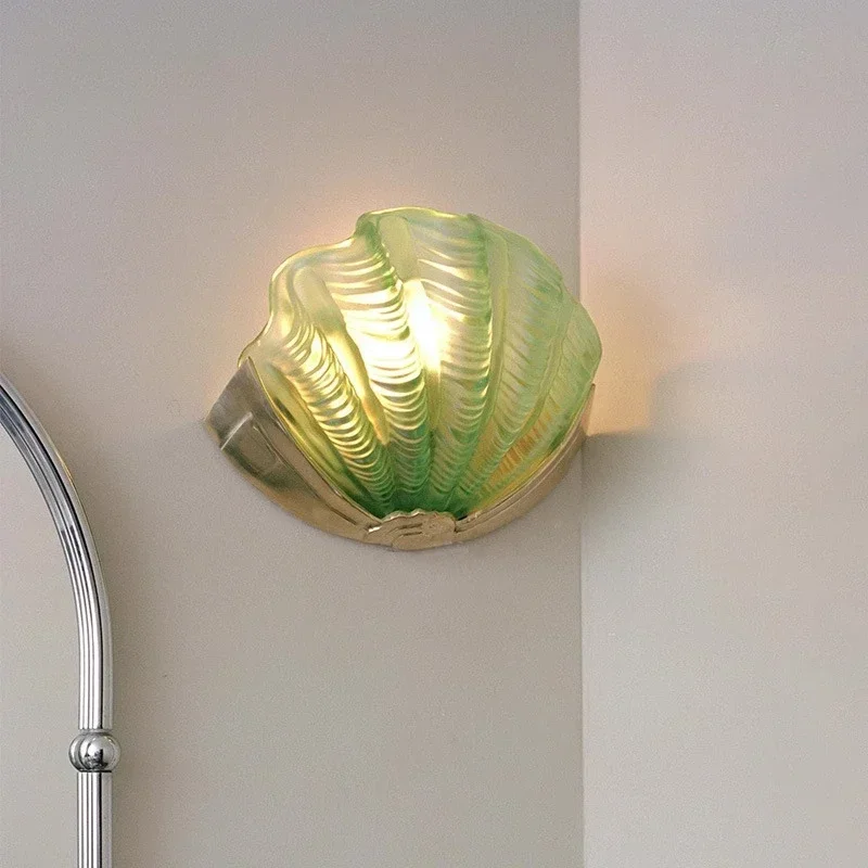 2026 Light Luxury Wall Light Brass Shell Creative Glass Home Decor French Retro Living Room Bedroom Foyer Corridor Mirror Wall L