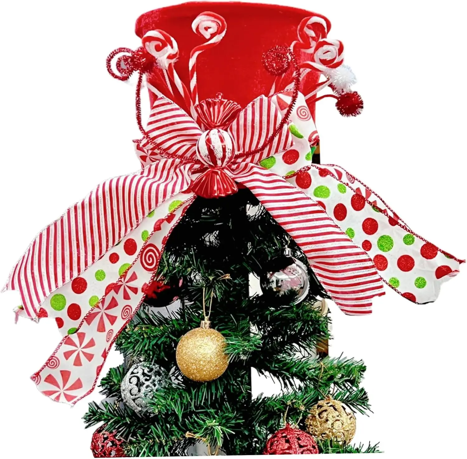 

Candy Cane Witch Christmas Tree Topper - Large Red Hat with Peppermint Bow, Perfect for Holiday Home Office Decoration and Xmas