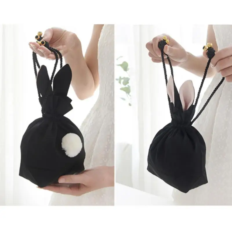 Portable Cosmetic Storage Bag Cute Drawstring Pouch Easter Bunny Ears Drawstring Jewelry Bag