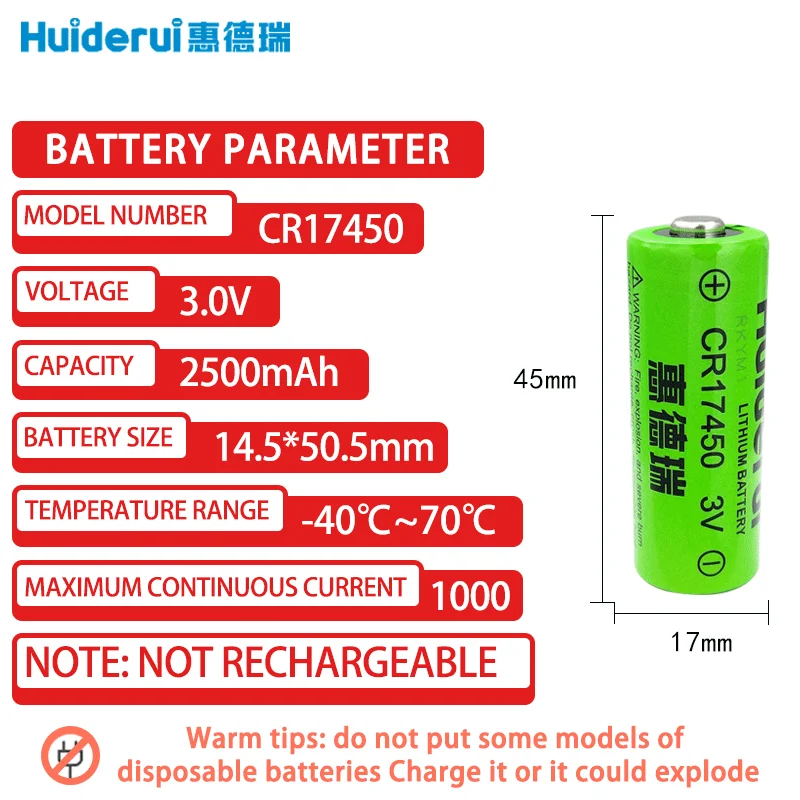 Huiderui CR17450 3V Lithium Batteries For Intelligent Water Meter Smoke And Fire Detection Alarm GPS Locator Customizable Plug