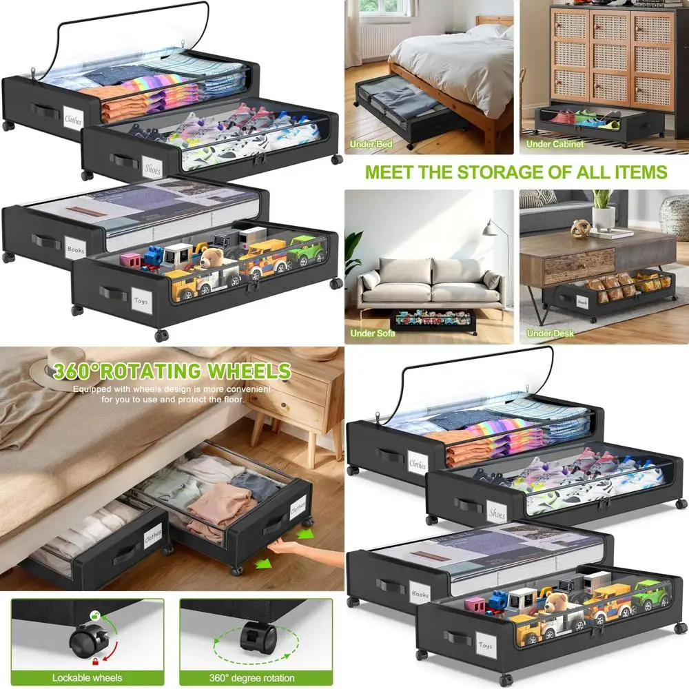 

Набор из 4 прозрачных контейнеров для хранения под кроватью с колесиками, органайзеры на колесиках для обуви, одежды и одеял (черный)