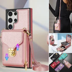 Lanyard Leather Crossbody Case For Samsung Galaxy S26 S25 Ultra S24 S23 FE S22 S21 Plus A36 A56 A37 A14 A54  Wallet Purse Cover