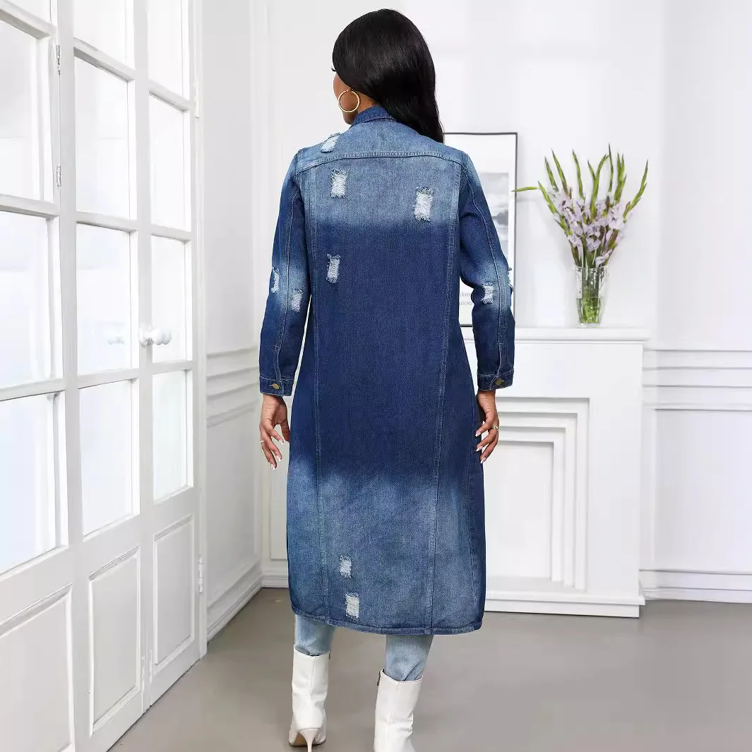 Trench da donna in denim stile buco monopetto al ginocchio stile giacca di jeans con design sfumato rovesciato soprabito blu