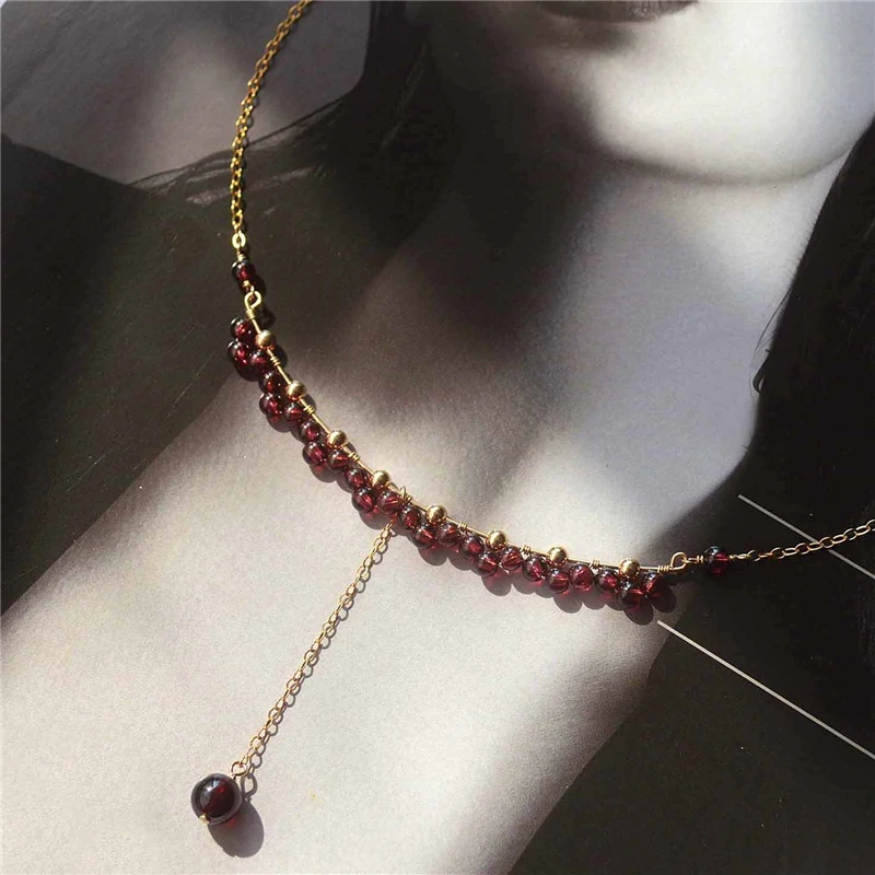 Lii Ji 14K Gold Filled Garnet Necklace 40+5cm Dainty Gold Choker Necklace Tarnish Resistant Jewelry Boho Necklace