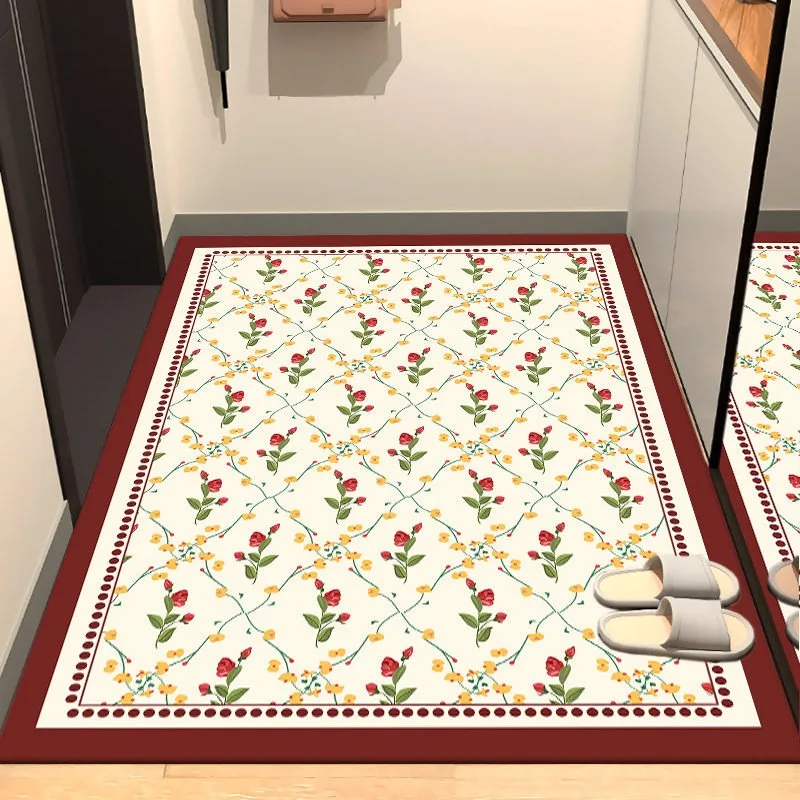 French Rose Flowers Carpet PVC Leather Kitchen Foot Mats Anti-slip Durable Floor Mat Oil-resistant Washable Easy Clean Rug Tapis
