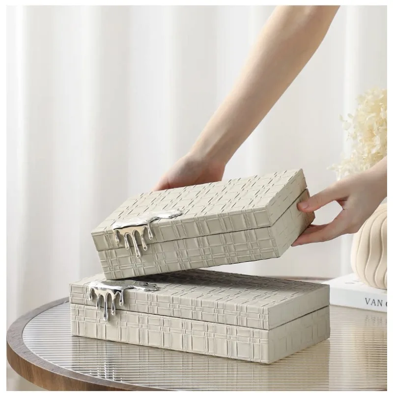 Grid Woven Leather Jewelry Boxes Gold-plated Rectangle Cosmetic Jars Dresser Table Desk Decoration Exquisite Jewelry Storage Jar