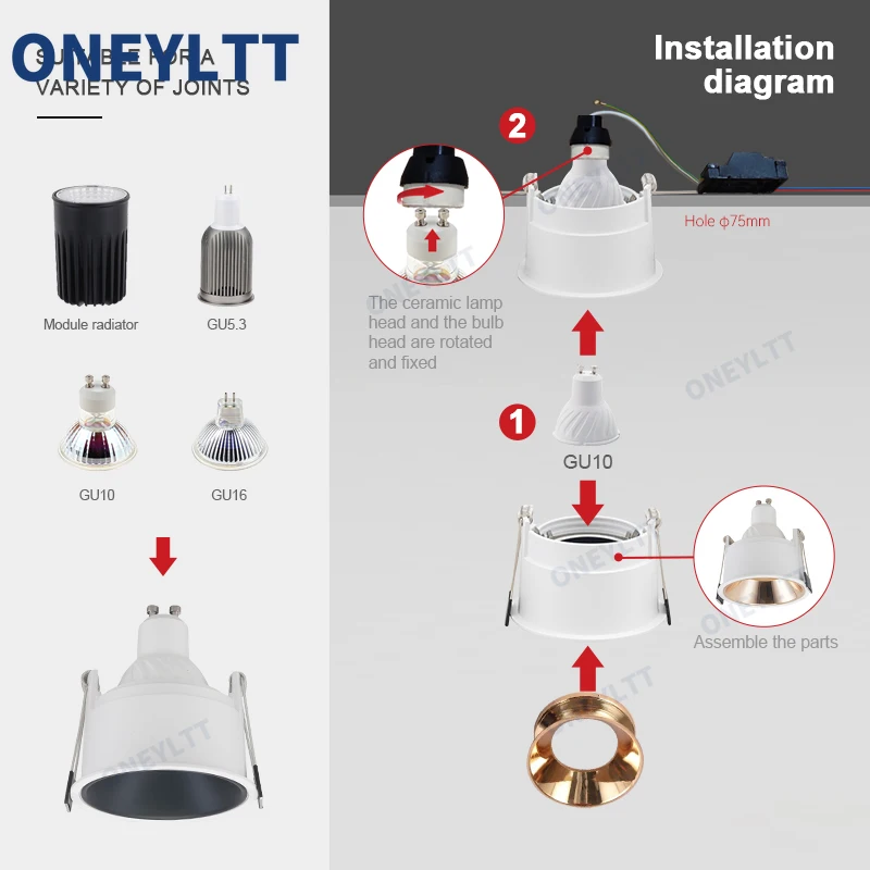 Faretto da incasso a LED GU10/MR16 da incasso telaio rotondo antiriflesso portalampada foro tagliato 55/75mm faretti da soffitto apparecchio di