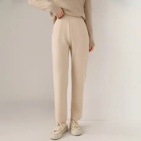 100% Merino Wool Women's Wide-Leg Pants Winter Thickened Knitted Long Pants Solid Color Ninth-Pants 2026 New