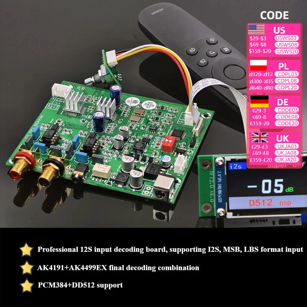 Fever level I2S input asynchronous decoding board decoder AK4191+AK4499 DSD512 PCM384