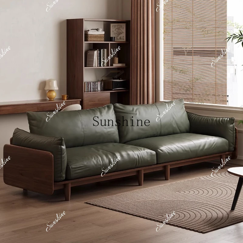 New Chinese solid wood sofa small apartment three-person living room leather sofa first layer cowhide  FT