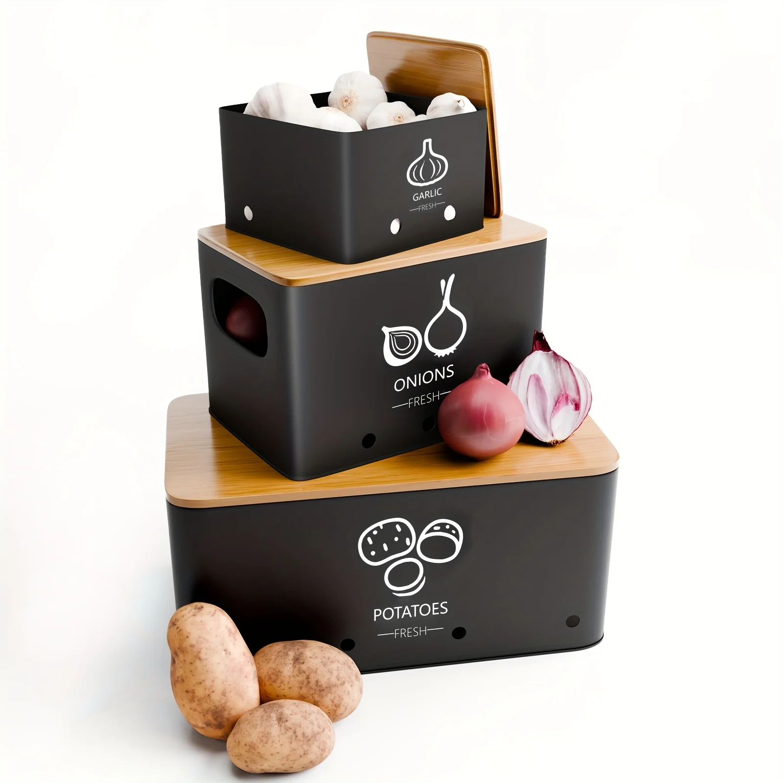

3pcs Vegetable Storage Box, Potato Onion Garlic Storage Jar, Metal Vegetable Crisper, Kitchen Food Pantry Organization Jar