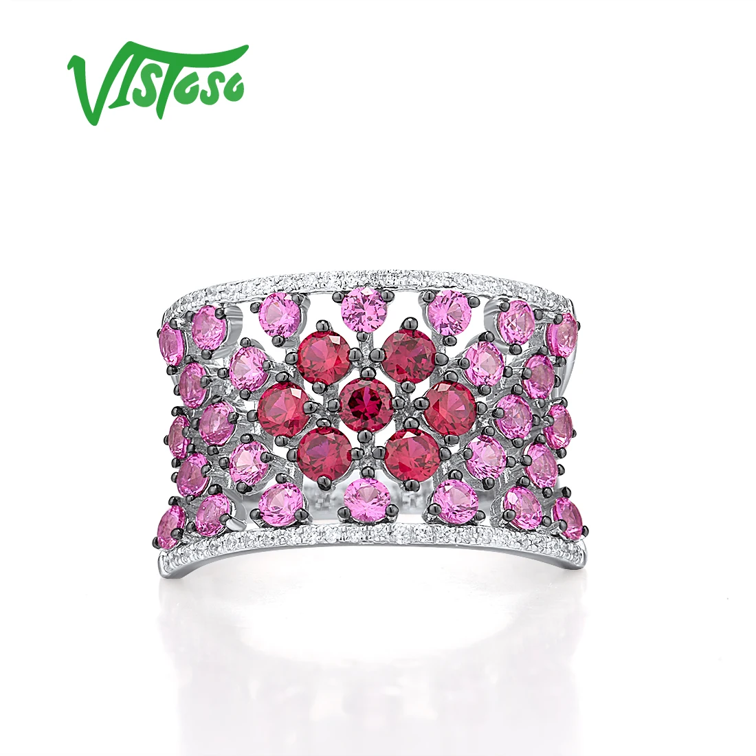 VISTOSO Authentic 14K 585 White Gold Rings For Women Sparkling Diamond Ruby Pink Sapphire Elegant Sweet Wedding Fine Jewelry