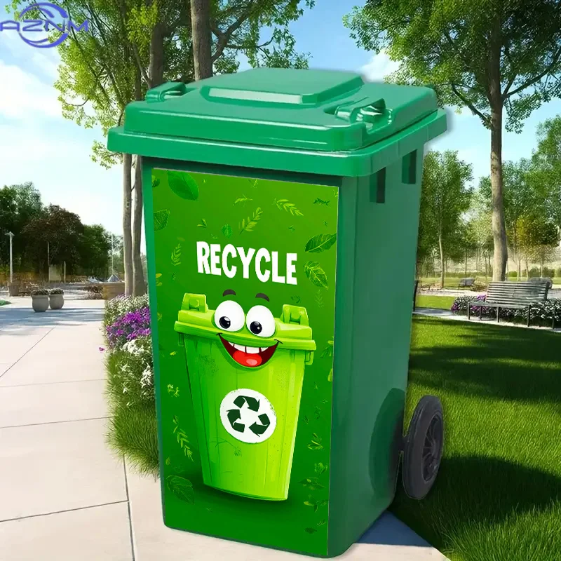A Single Trash Can Sticker Measuring  by 81.99 cm Features a Cheerful Cartoon Trash Can with The Word 