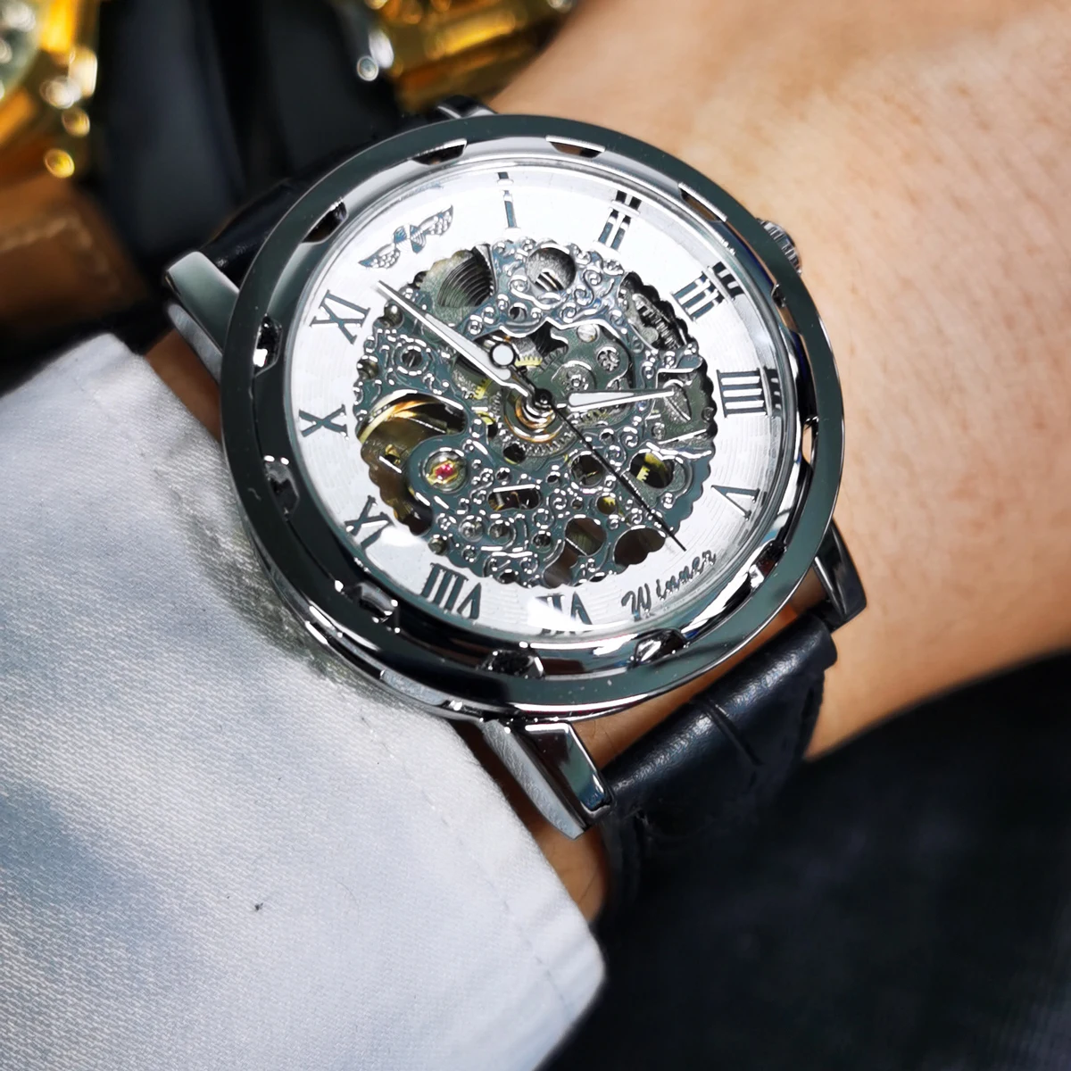 ساعات ميكانيكية كلاسيكية شفافة بهيكل عظمي من WINNER، عقارب مضيئة، ساعة فضية بيضاء ريترو فاخرة للرجال، حزام جلد أسود #5