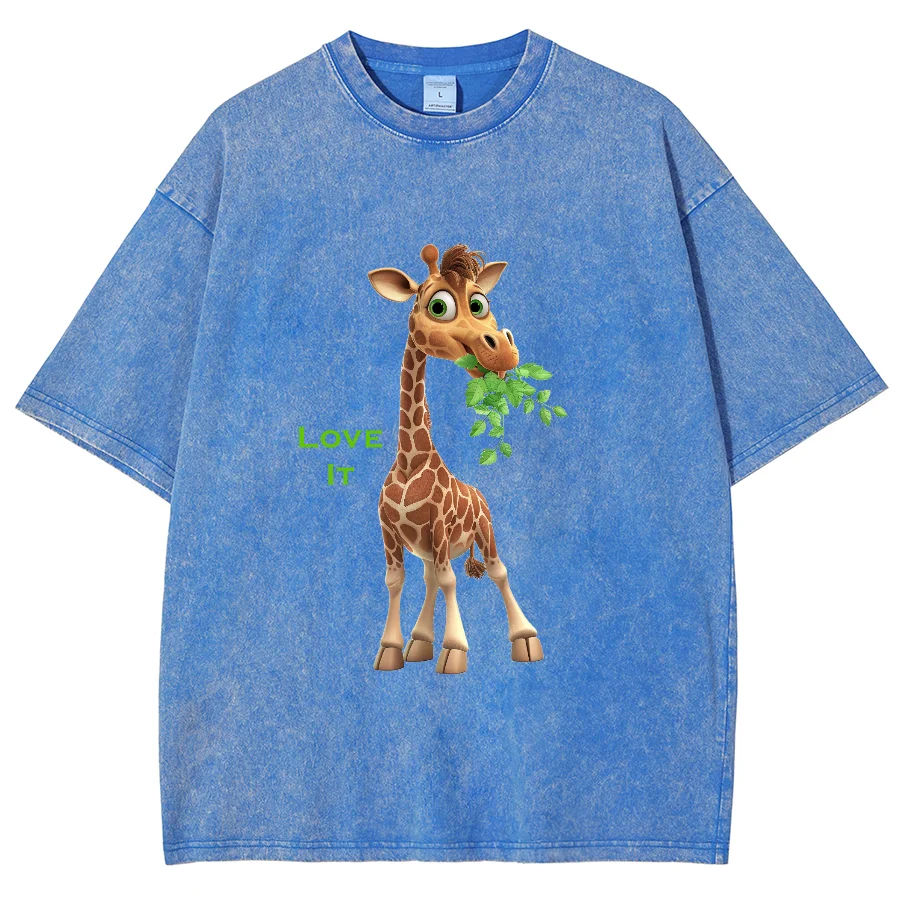 

Giraffe Pattern Casual Short Sleeve Harajuku Acid Wash Tshirt Fashion Loose Tops Casual Female Washed Denim Clothes