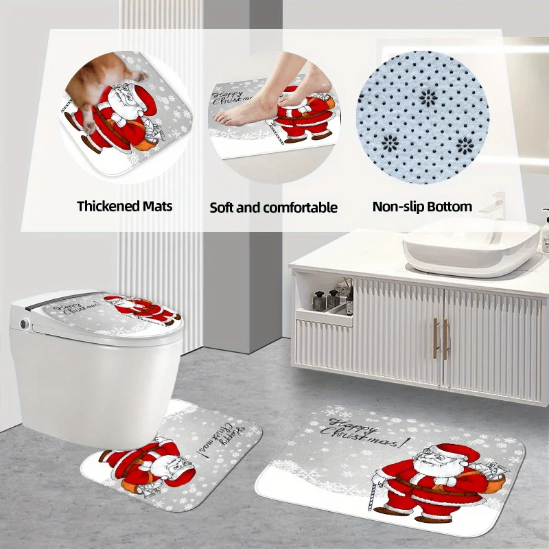 Christmas Cheer 4pcs Bathroom Set: Durable Polyester Shower Curtain with Vibrant Santa Claus Design, Non-Slip Bath Mat, U-Shaped