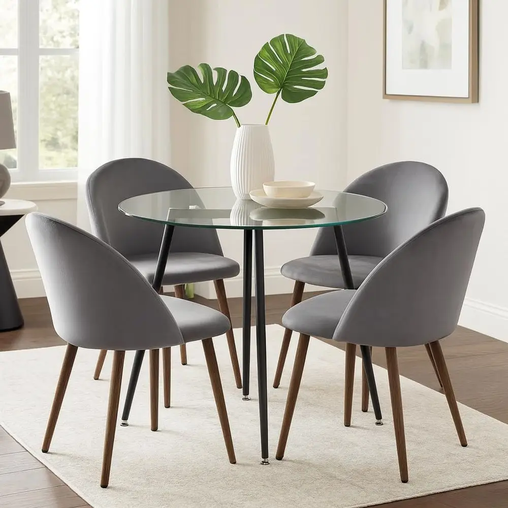 

Стеклянный обеденный стол на 4 персоны, кухонный стол из закаленного стекла 31,4 дюйма с 4 серыми бархатными стульями, современный обеденный гарнитур для небольших помещений