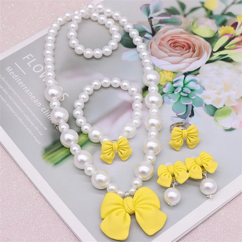 Children's Cute Bow Pearl Necklace Bracelet Earrings Set