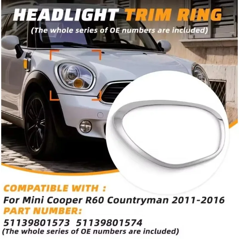 Gloss Black Headlight Trim for Mini Cooper R60 Countryman 2011-2016 | Headlamp Bezel Cover Ring Pair 51139801573