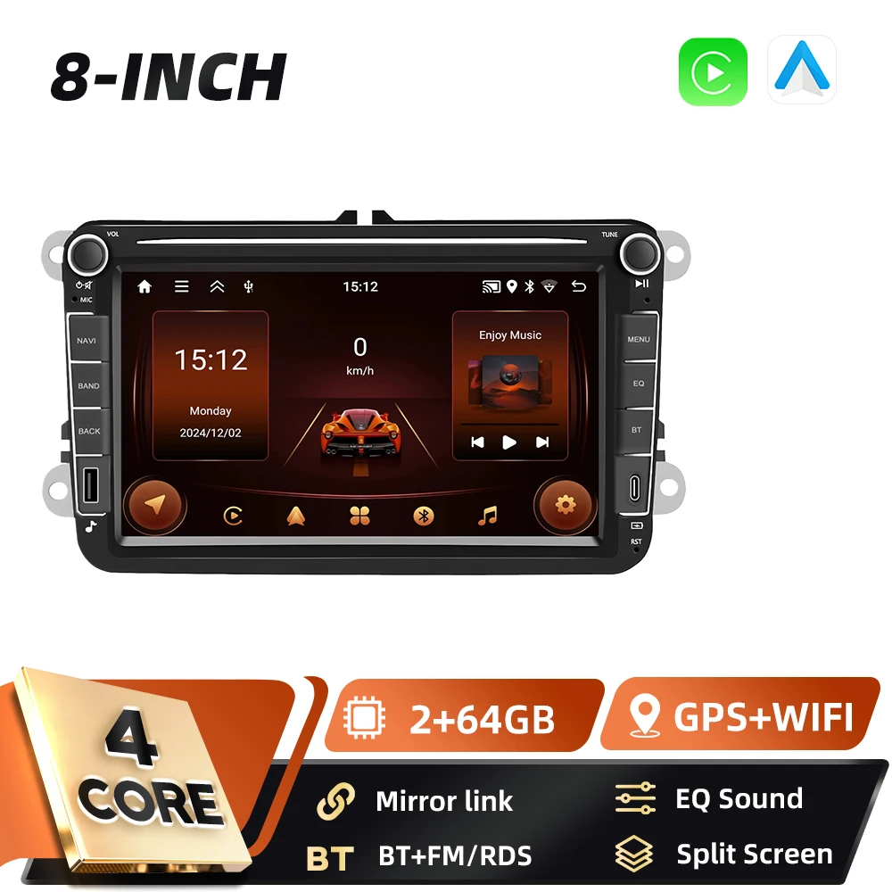 Podofo 8 inch GPS 6+128GB 2DIN autoradio voor VW Volkswagen SAGITAR JATTA JETTA Seat Altea Carplay FM/RDS Android Auto Mirror Link BT - afbeelding 1